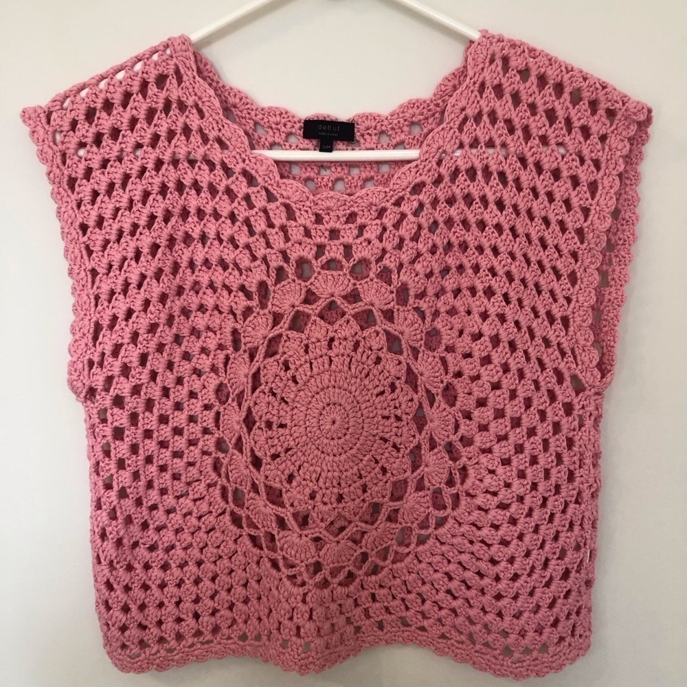 Pink cottagecore boho sweater vest crochet boxy fit